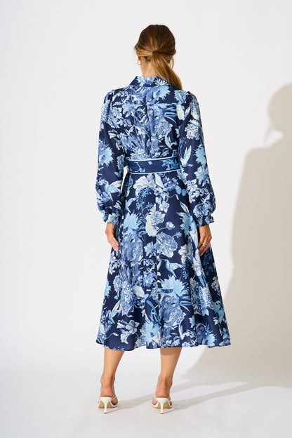 Enchanted Wave Maxi Shirt Dress in Navy with Blue Floral Linen Blend