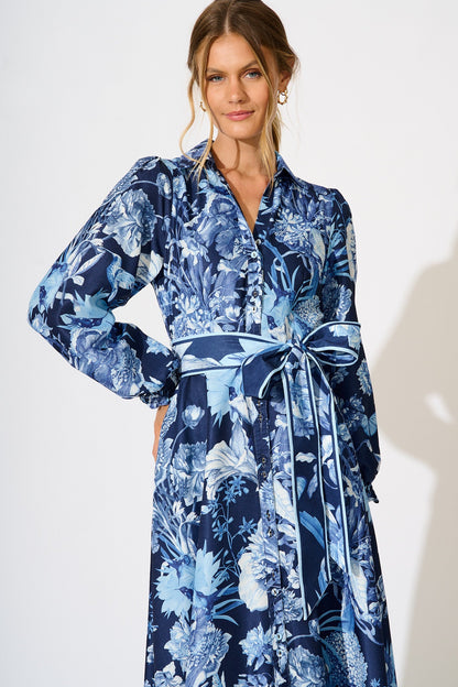Enchanted Wave Maxi Shirt Dress in Navy with Blue Floral Linen Blend