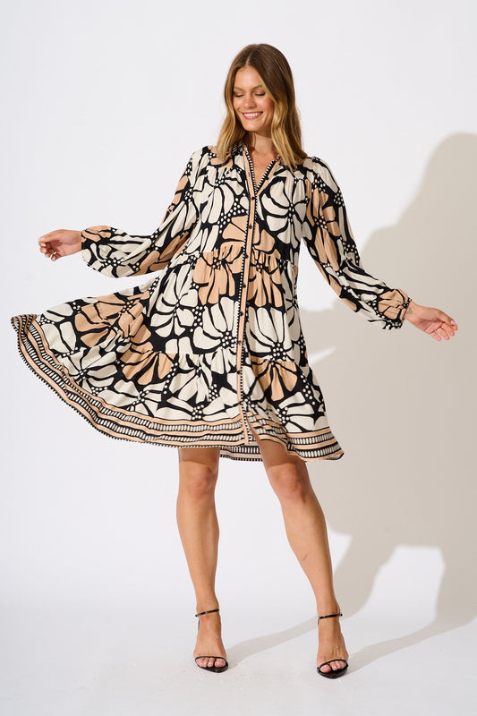 Felicity Shirt Dress in Cream and Black Floral