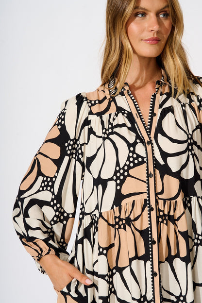 Felicity Shirt Dress in Cream and Black Floral