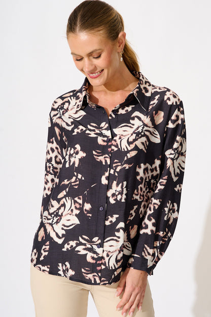 Gina Shirt in Black with Brown Print