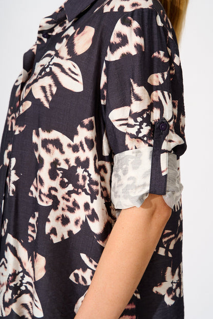 Gina Shirt in Black with Brown Print
