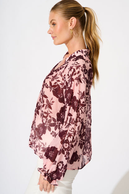 Shelby Top in Pink with Wine Floral Print