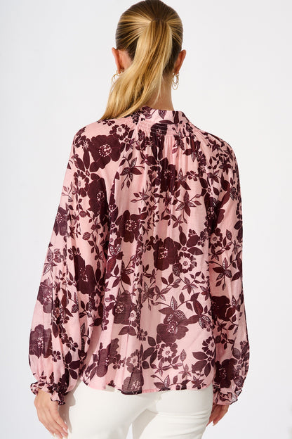 Shelby Top in Pink with Wine Floral Print