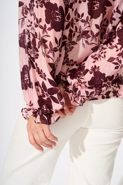 Shelby Top in Pink with Wine Floral Print