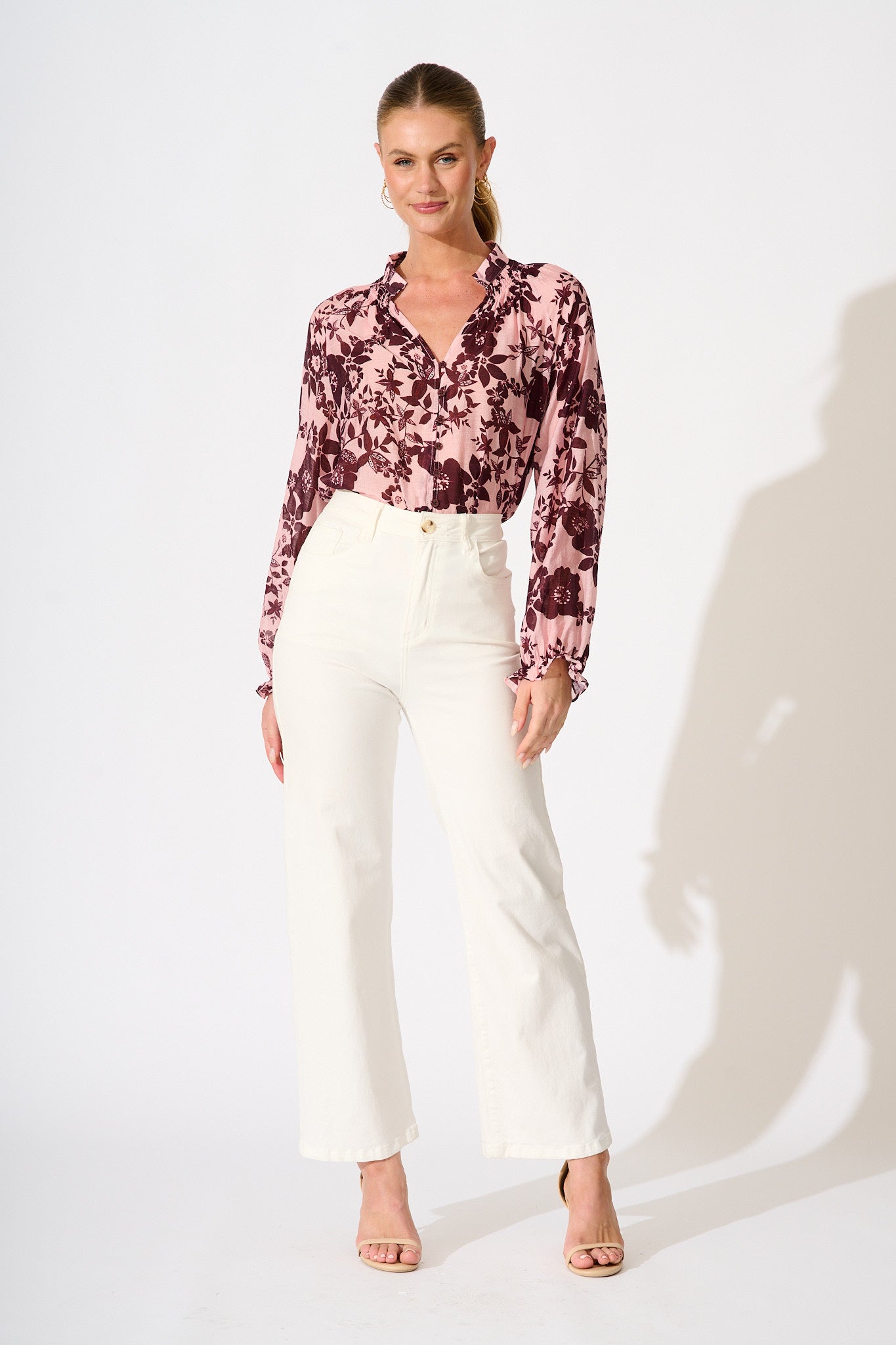 Shelby Top in Pink with Wine Floral Print