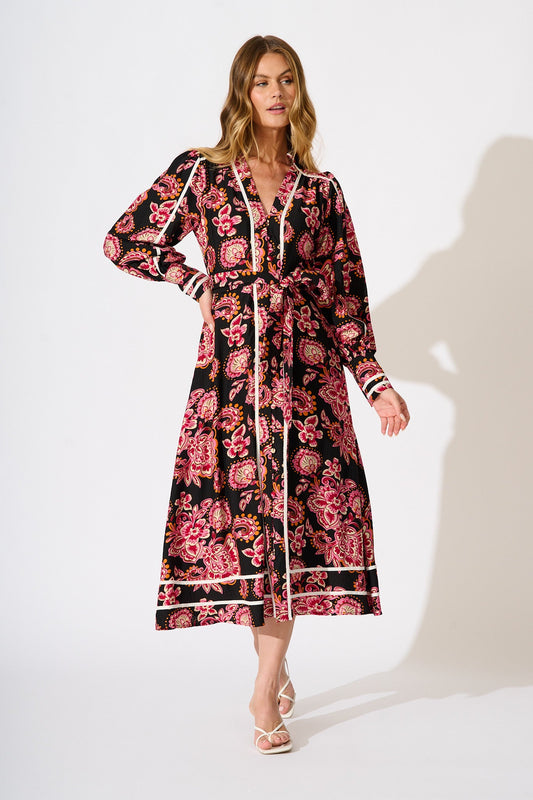 Lumina Midi Dress in Black and Red with Contrast Trim