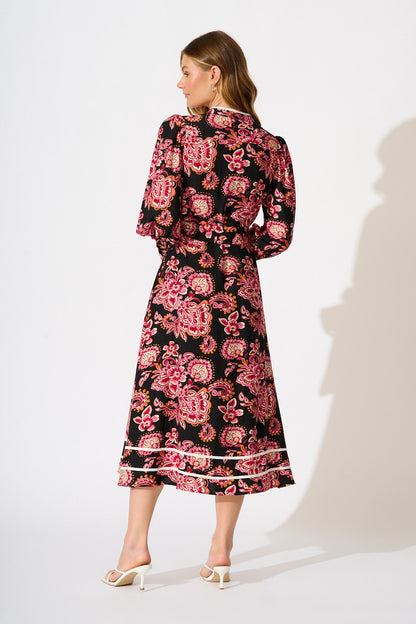 Lumina Midi Dress in Black and Red with Contrast Trim