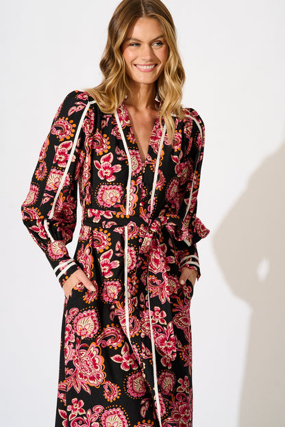 Lumina Midi Dress in Black and Red with Contrast Trim