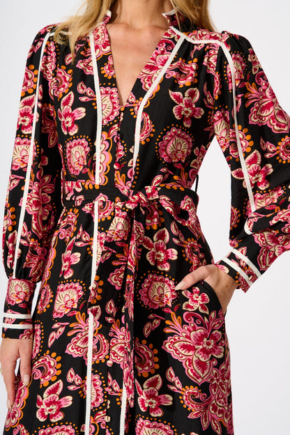 Lumina Midi Dress in Black and Red with Contrast Trim