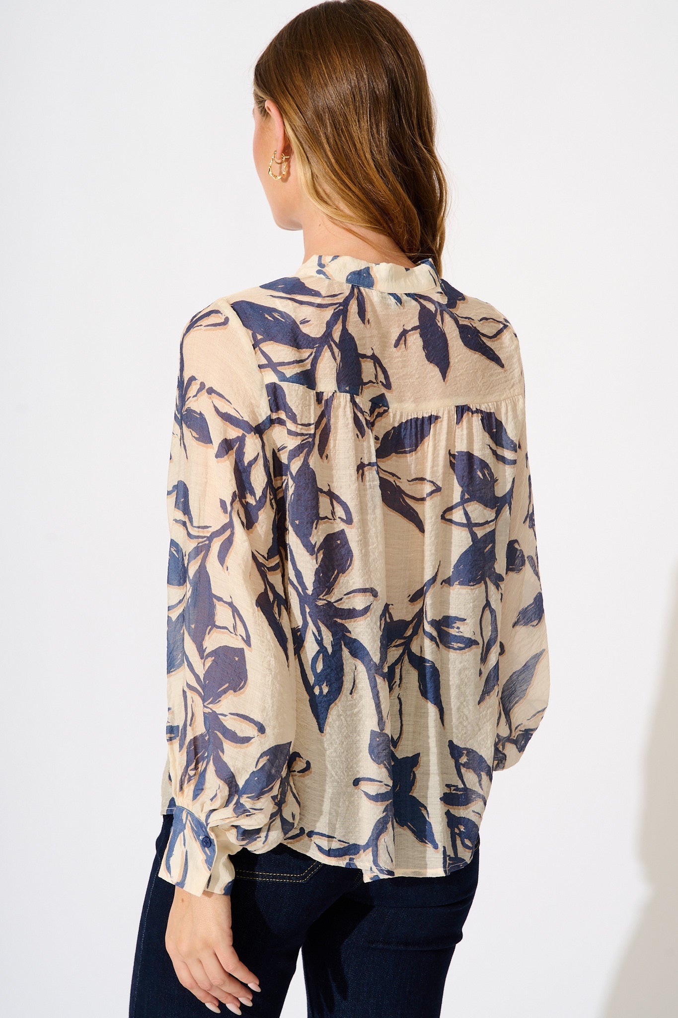 Yulia Top in Cream with Blue Leaf Print