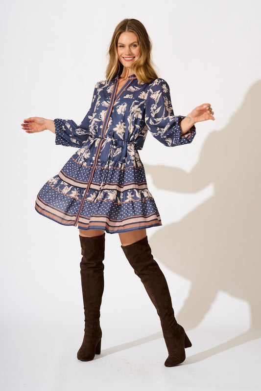 Torie Dress in Navy with Cream Floral Linen Blend