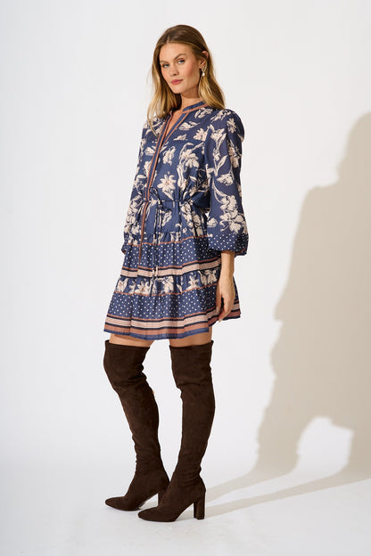 Torie Dress in Navy with Cream Floral Linen Blend