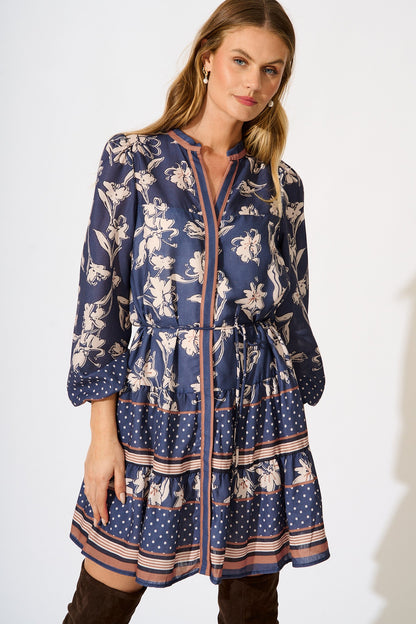 Torie Dress in Navy with Cream Floral Linen Blend