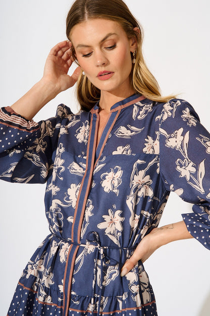 Torie Dress in Navy with Cream Floral Linen Blend