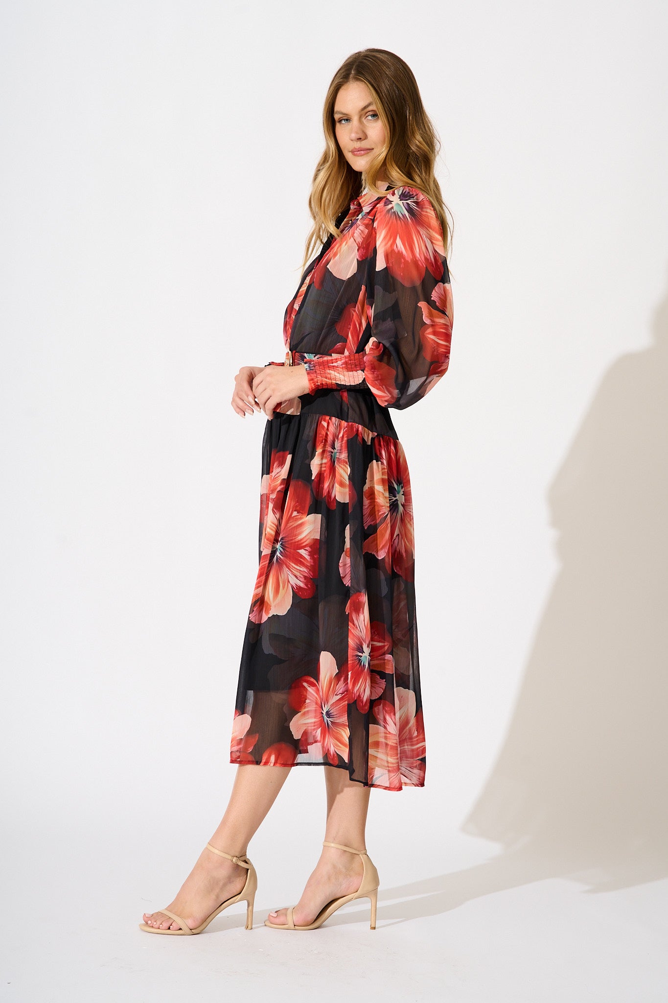 Aubrey Midi Dress in Black and Red Flower Chiffon