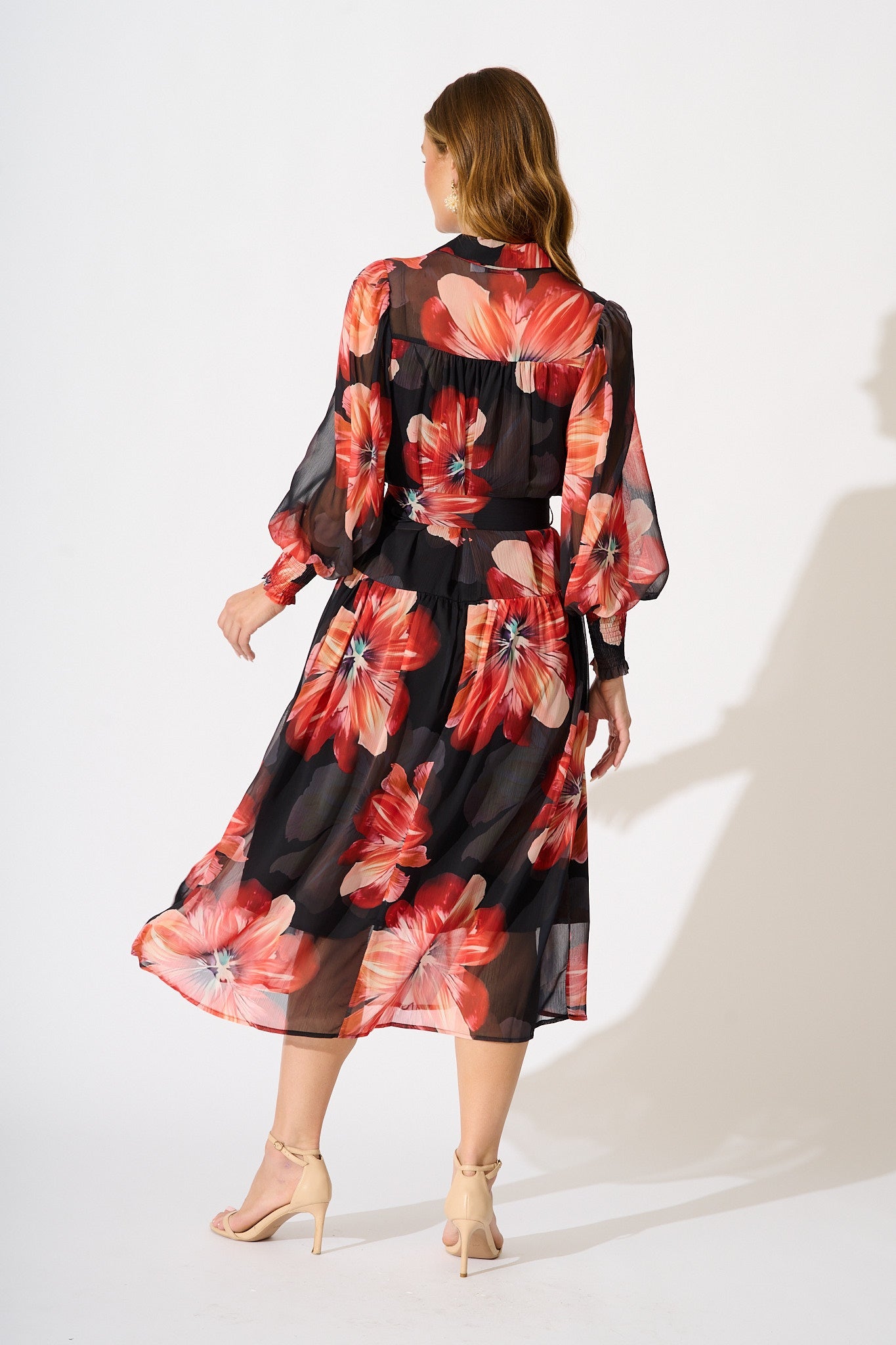 Aubrey Midi Dress in Black and Red Flower Chiffon