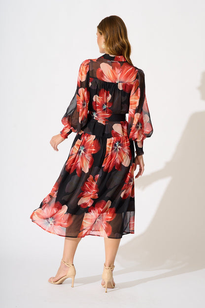 Aubrey Midi Dress in Black and Red Flower Chiffon