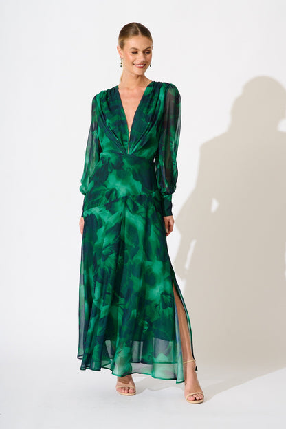 Martina Maxi Dress in Green Watercolour Chiffon