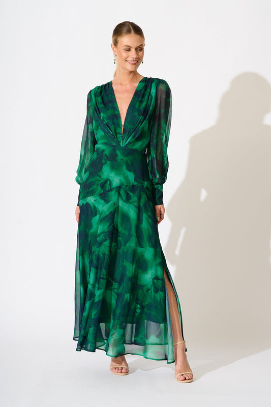 Martina Maxi Dress in Green Watercolour Chiffon