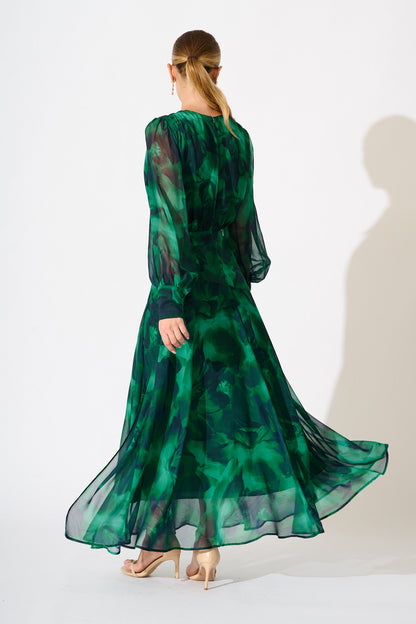 Martina Maxi Dress in Green Watercolour Chiffon