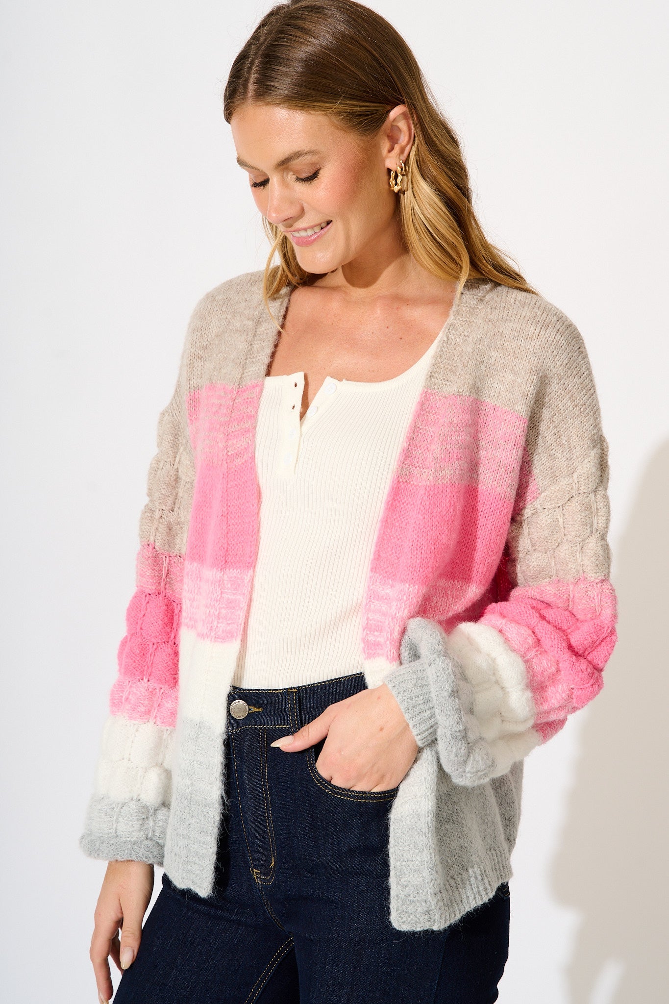 Darbie Knit Cardigan in Pink with Grey Stripe Wool Blend
