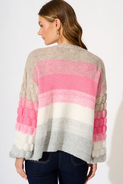 Darbie Knit Cardigan in Pink with Grey Stripe Wool Blend