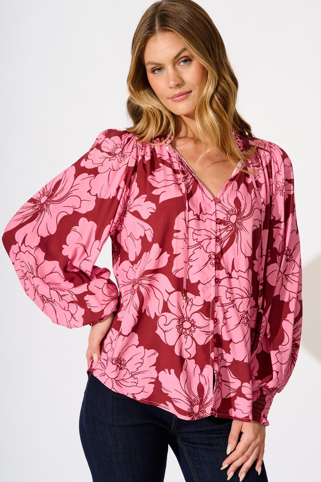 Devotion Top in Wine with Pink Floral