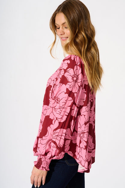 Devotion Top in Wine with Pink Floral