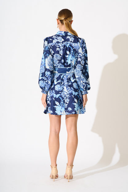 Ocean Serenade Shirt Dress in Navy with Blue Floral Linen Blend