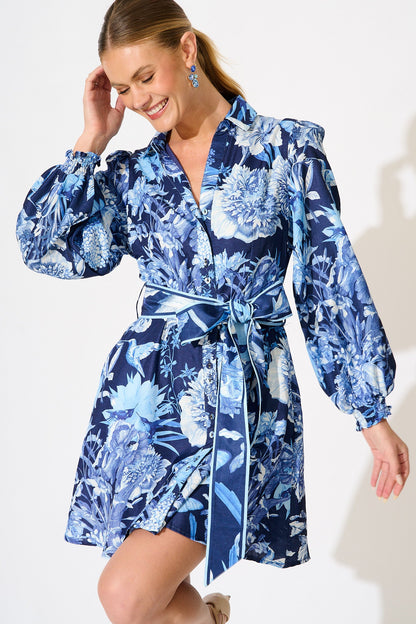 Ocean Serenade Shirt Dress in Navy with Blue Floral Linen Blend