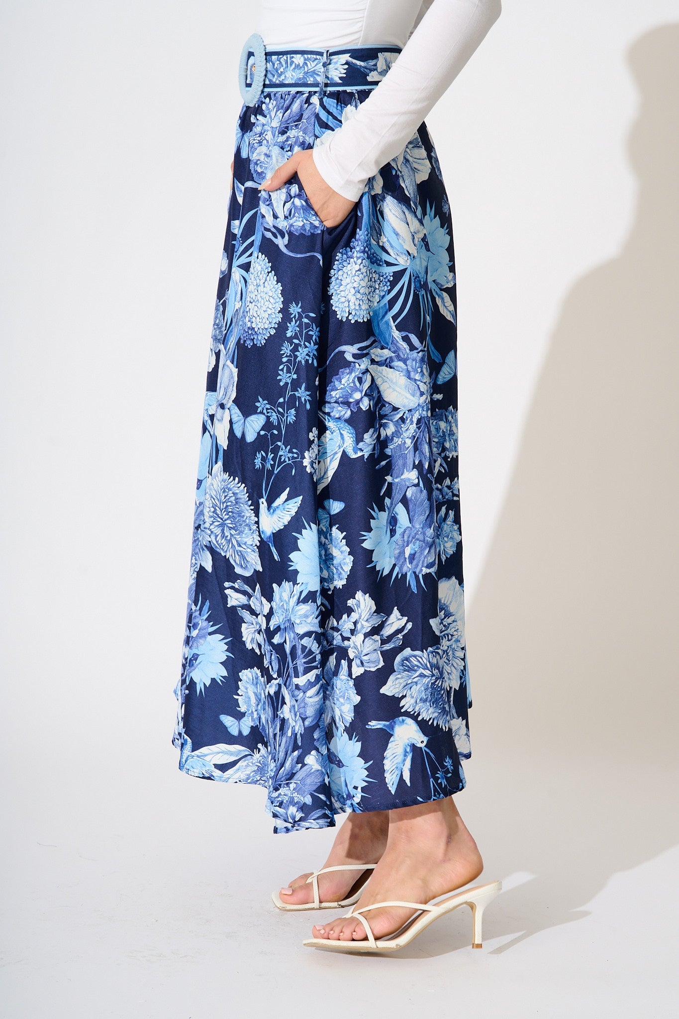 Riviera Maxi Skirt in Navy with Blue Floral Linen Blend