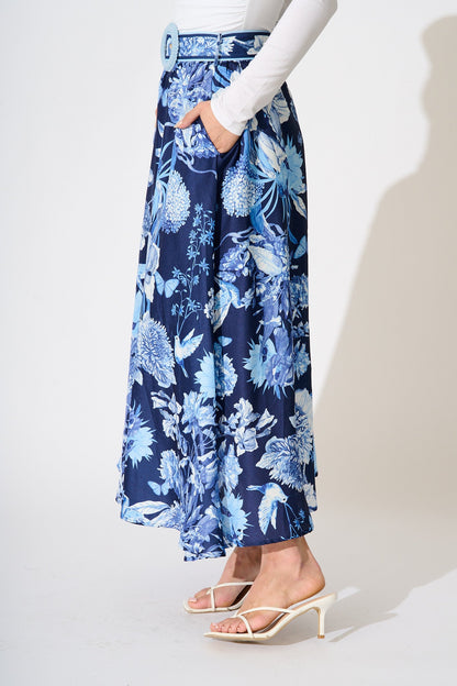 Riviera Maxi Skirt in Navy with Blue Floral Linen Blend