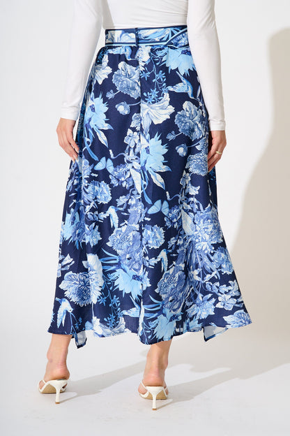 Riviera Maxi Skirt in Navy with Blue Floral Linen Blend