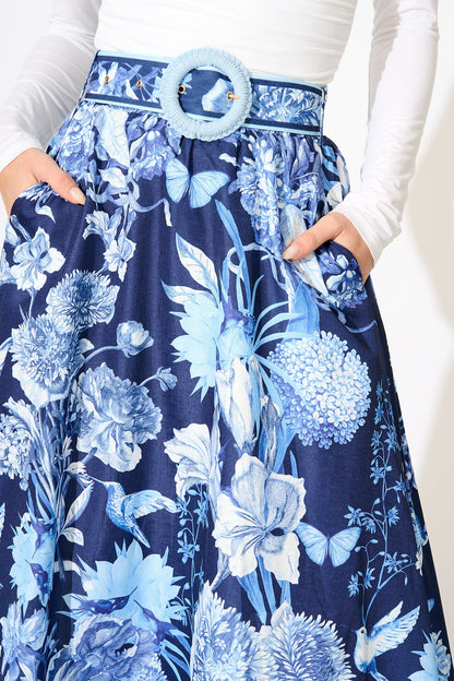Riviera Maxi Skirt in Navy with Blue Floral Linen Blend