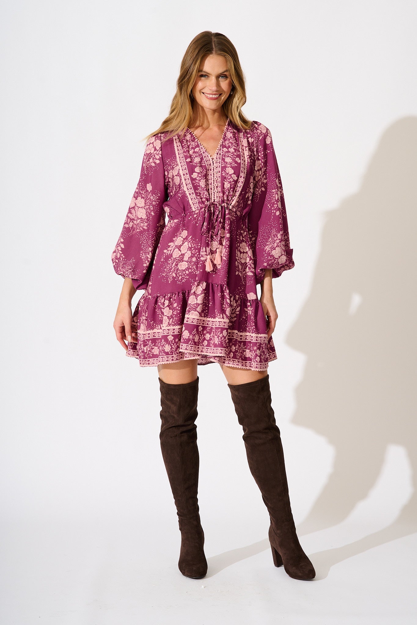 Fiorella Dress in Purple with Pink Floral