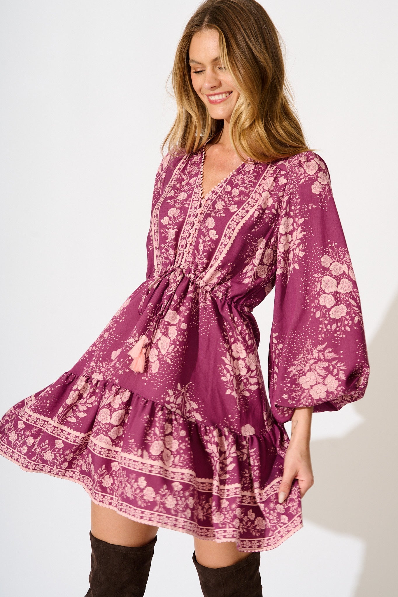 Fiorella Dress in Purple with Pink Floral