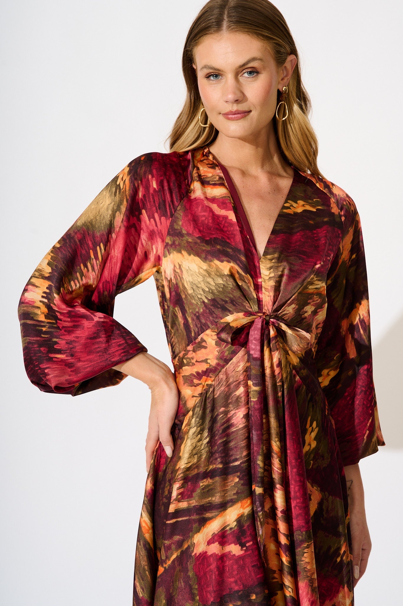 Veiled Illusion Maxi Dress in Multi Watercolour Satin