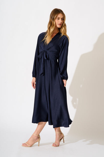 Veiled Illusion Maxi Dress in Navy Satin