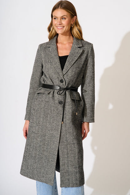 Worth The Wait Coat in Black and White Herringbone