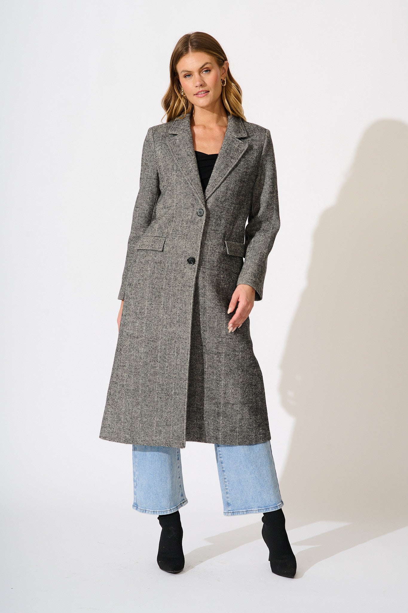 Worth The Wait Coat in Black and White Herringbone