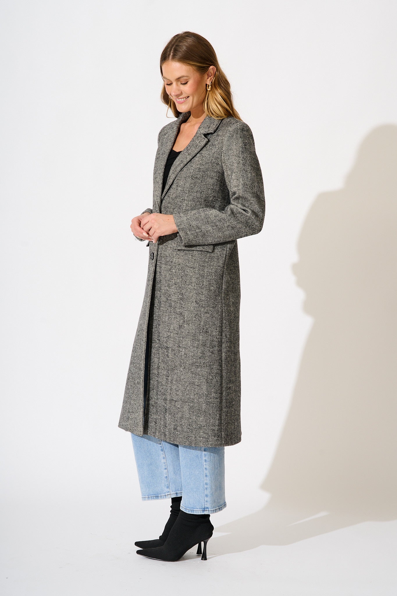 Worth The Wait Coat in Black and White Herringbone