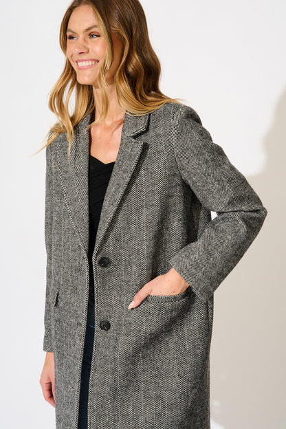 Worth The Wait Coat in Black and White Herringbone