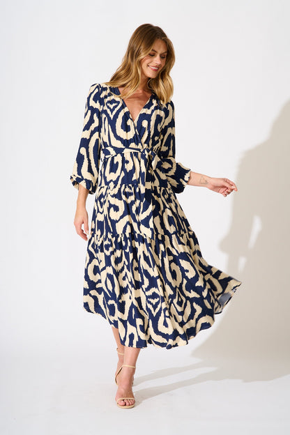 Lydia Midi Dress in Navy Cream Swirl Print