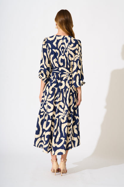 Lydia Midi Dress in Navy Cream Swirl Print