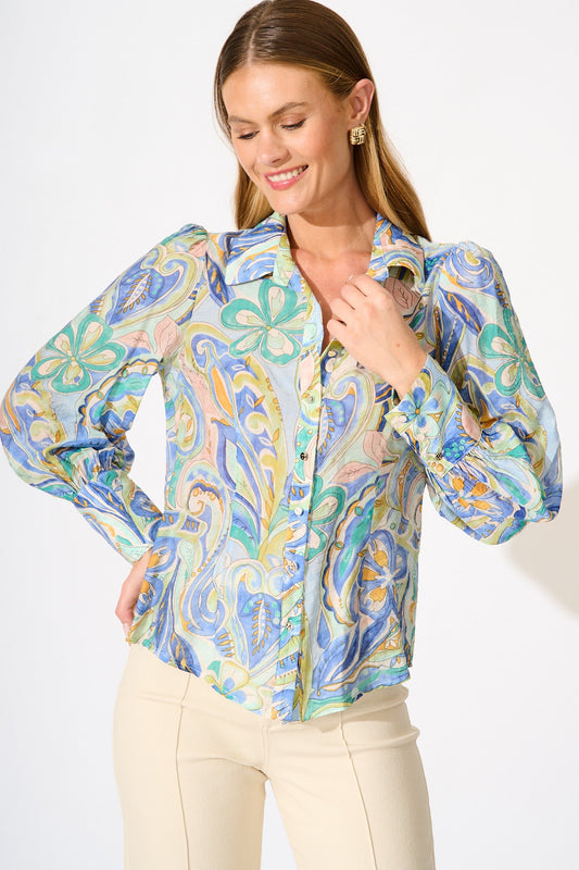 Dahlia Shirt in Blue Multi Print