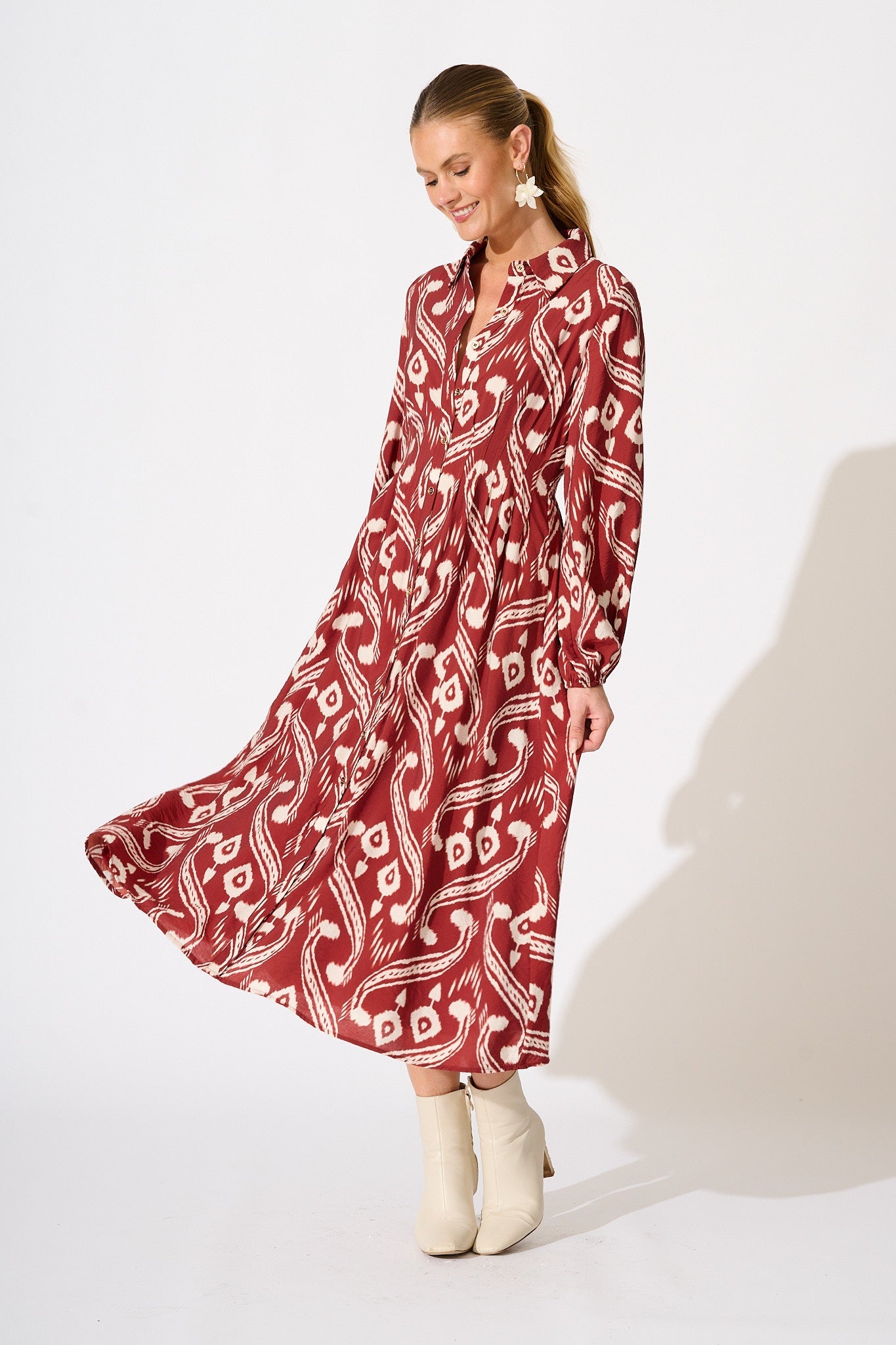 Terri Midi Shirt Dress in Wine with Cream Print