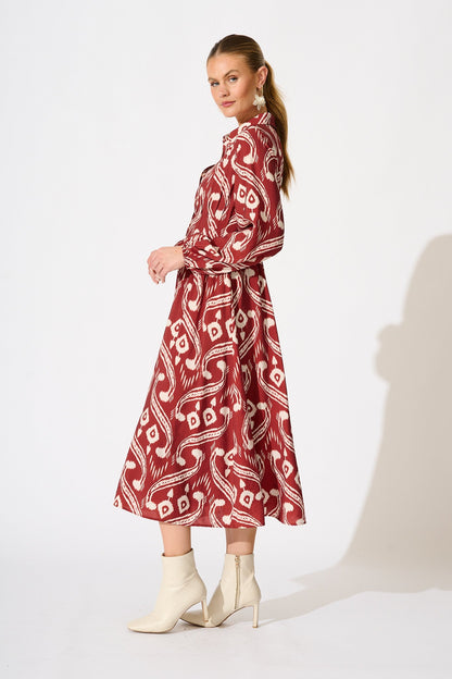Terri Midi Shirt Dress in Wine with Cream Print