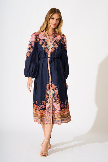 Poppy Midi Dress in Navy with Rust Print Linen Blend