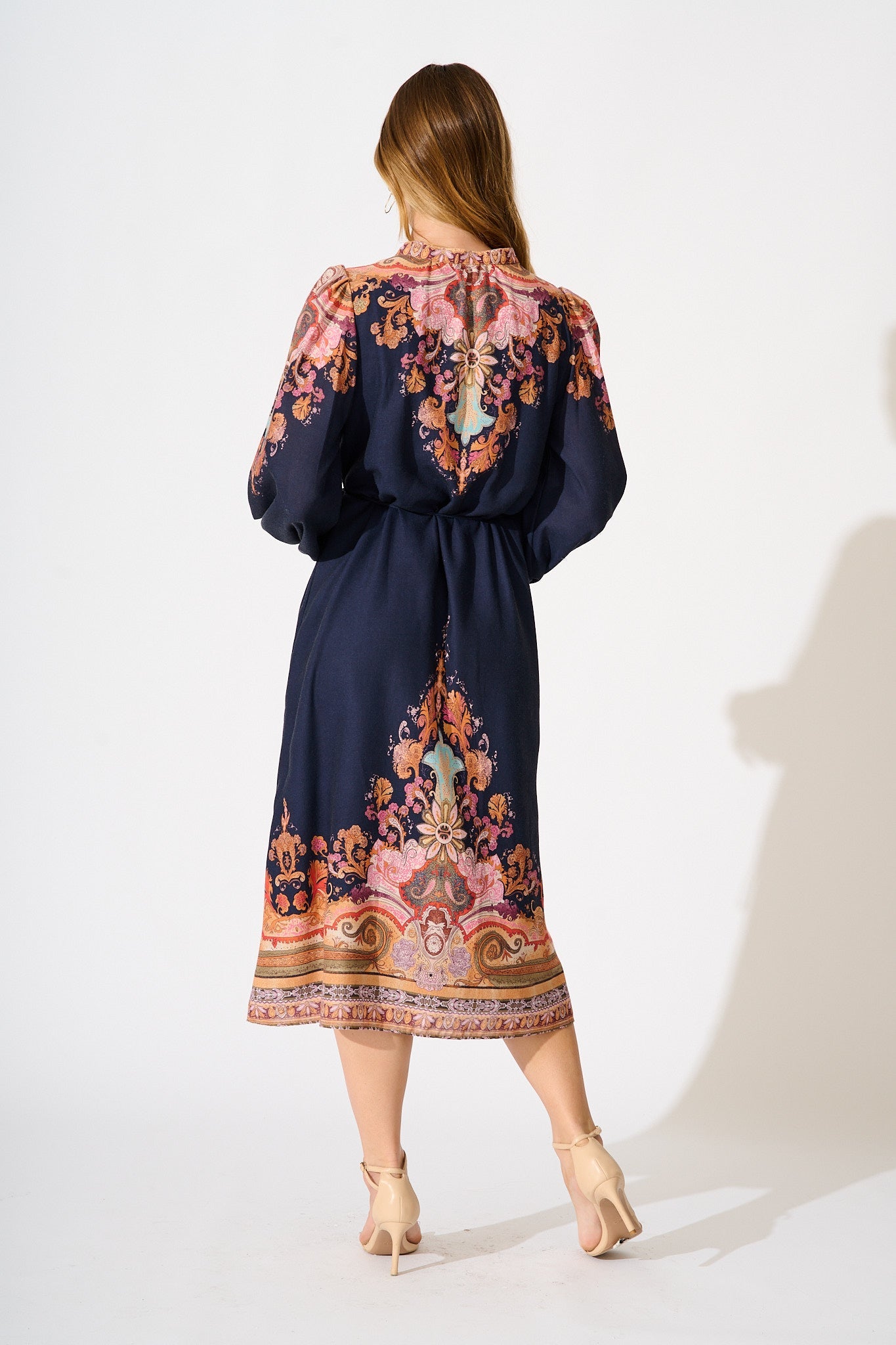 Poppy Midi Dress in Navy with Rust Print Linen Blend